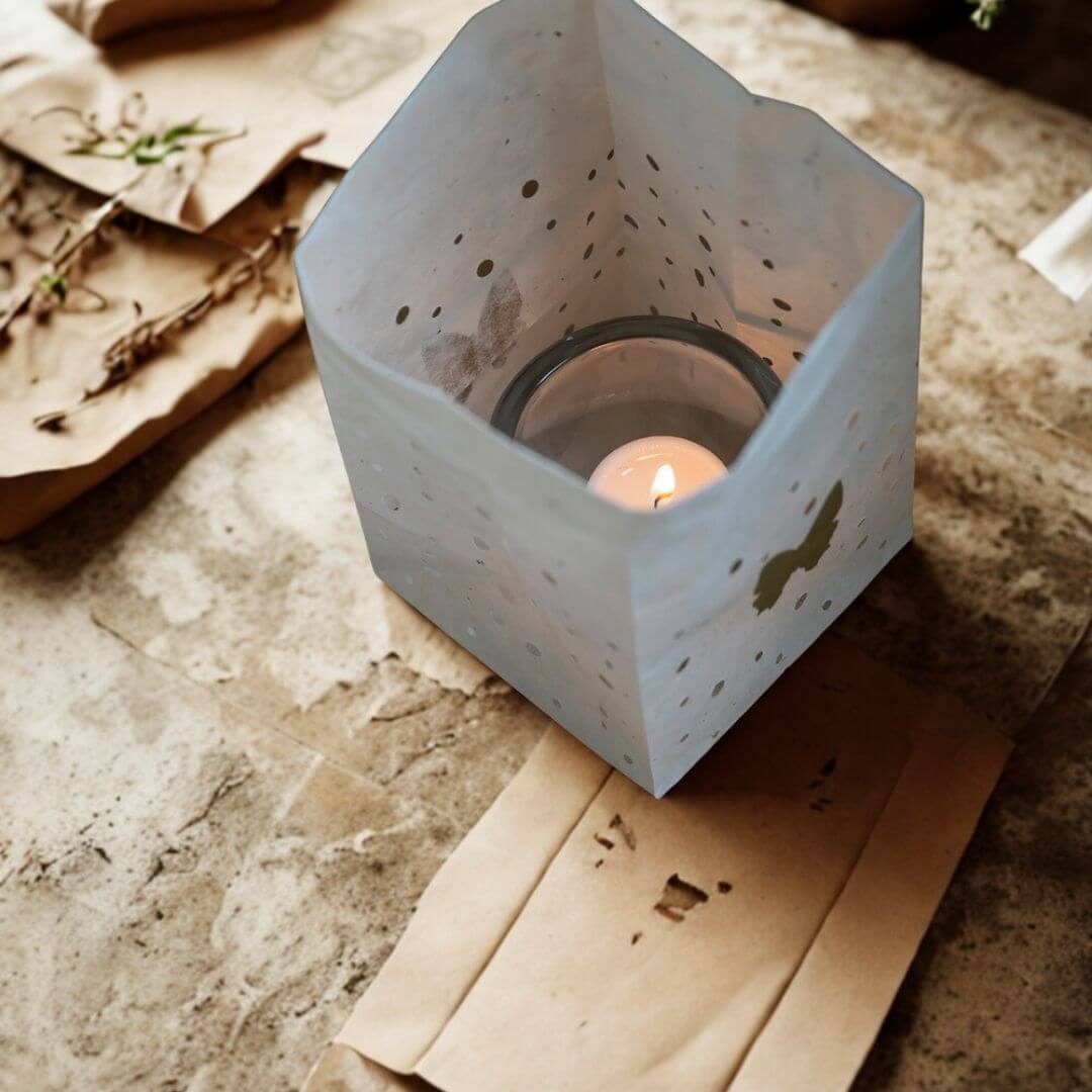 Lichtzakjes-handgeschept-papier-Nepal (16) Cadeaudoosje van graskarton met ecru kleurig lichtzakje met gouden lotus opdruk en mandala kaart met scheprand.