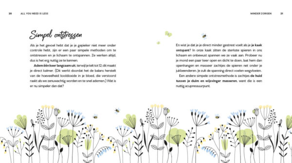 Pagina 20 en 21 simpel ontstressen uit all you need is less met bloemen en insecten illustraties.