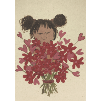 Natuurlijke vezelrijke kaart met een meisje met een bos rode en roze hartenbloemen.